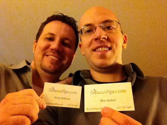 Terry and Ben holding cards after TobaccoPipes.com domain change